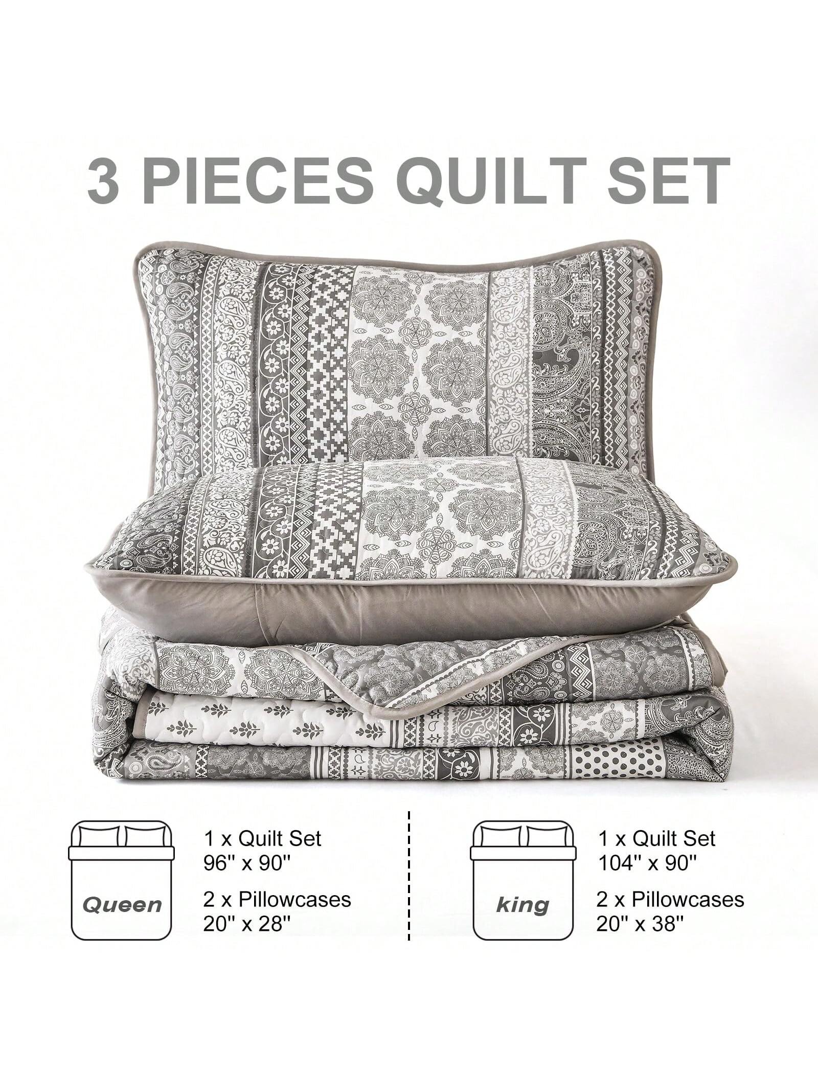 3 Piece Boho Quilt Set Grey Lightweight Bedspread Coverlet for Queen King All Season 3 Piece Boho Quilt Set Grey Lightweight Bedspread Coverlet for Queen King All Season