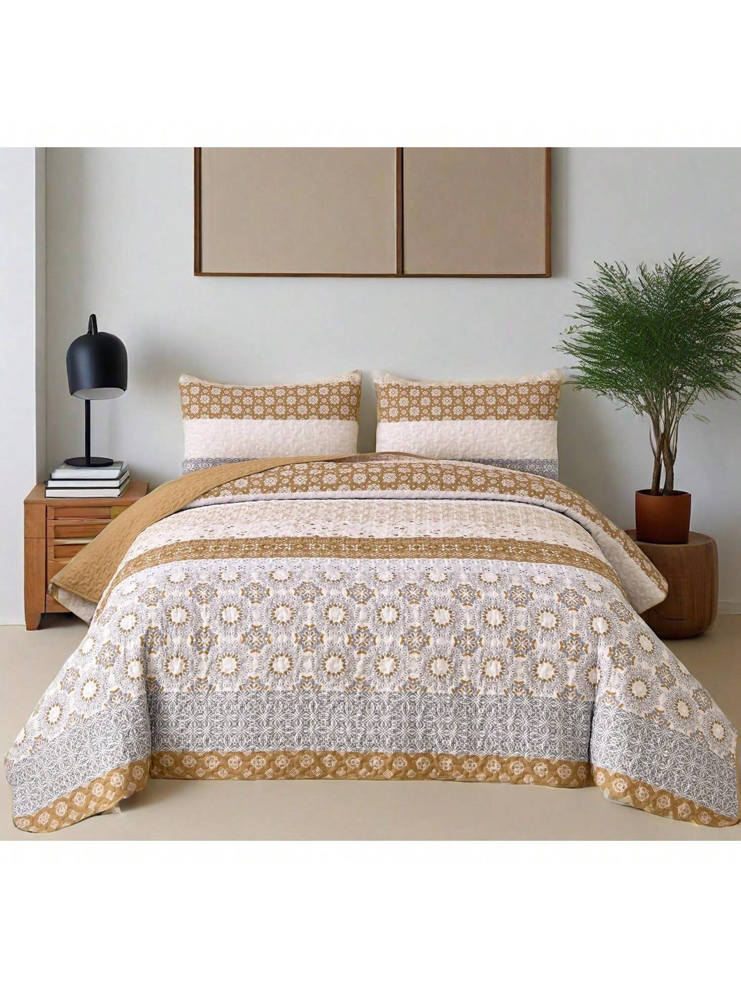 3 Piece Brown Boho Quilt Set Striped Paisley Soft Lightweight Bedding for All Season 3 Piece Brown Boho Quilt Set Striped Paisley Soft Lightweight Bedding for All Season