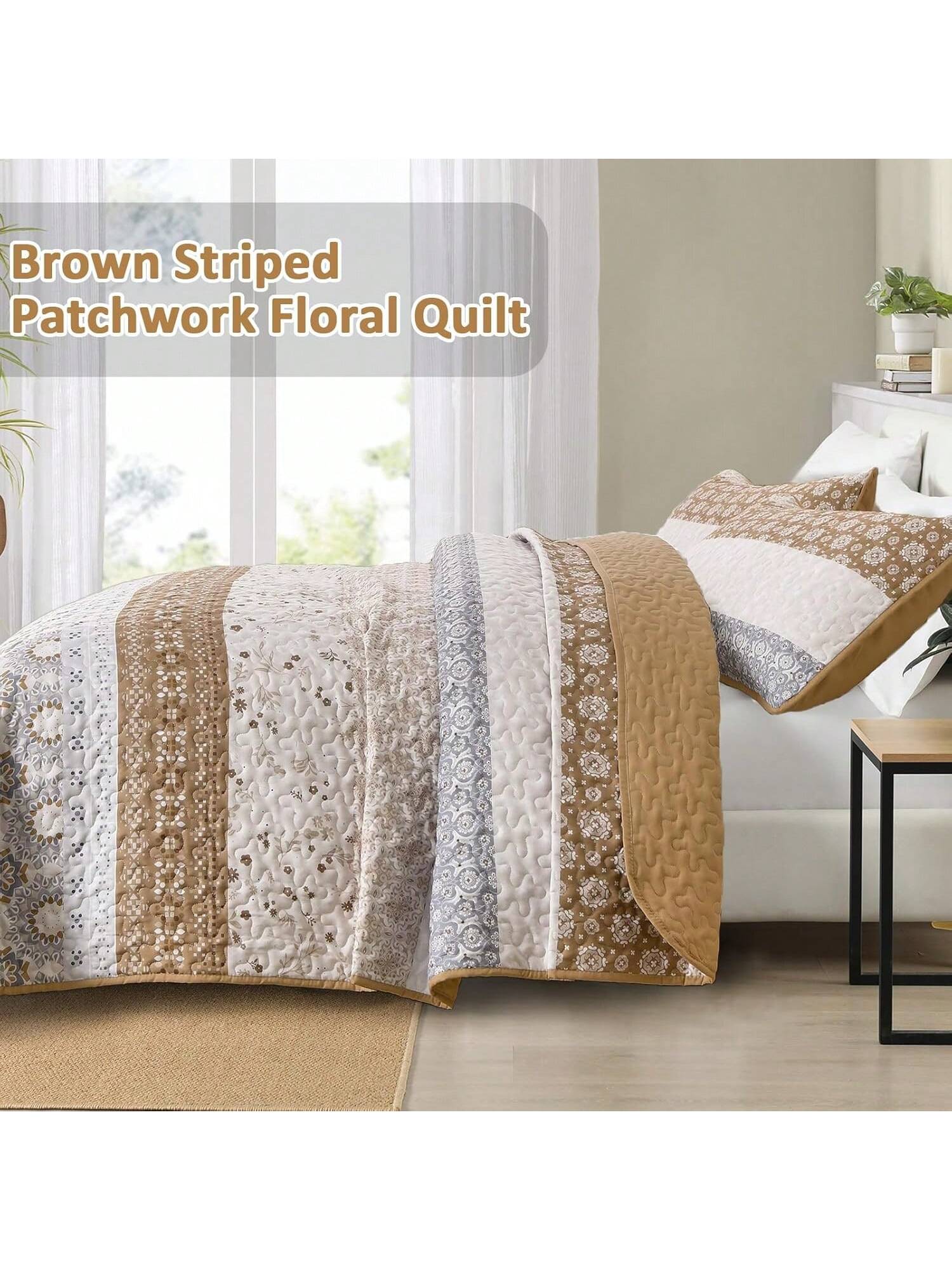 3 Piece Brown Boho Quilt Set Striped Paisley Soft Lightweight Bedding for All Season 3 Piece Brown Boho Quilt Set Striped Paisley Soft Lightweight Bedding for All Season