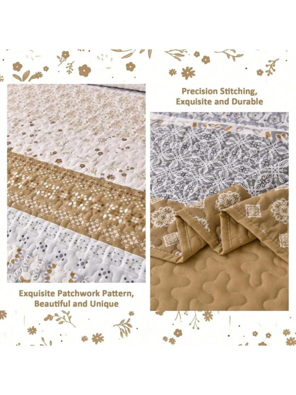 3 Piece Brown Boho Quilt Set Striped Paisley Soft Lightweight Bedding for All Season