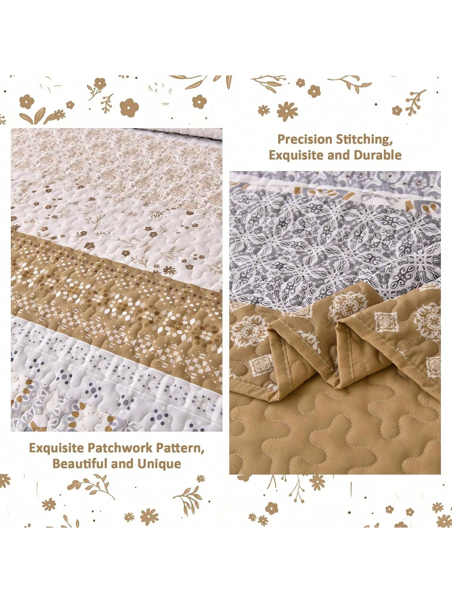 3 Piece Brown Boho Quilt Set Striped Paisley Soft Lightweight Bedding for All Season 3 Piece Brown Boho Quilt Set Striped Paisley Soft Lightweight Bedding for All Season