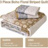 3 Pieces Brown Boho Quilt Set Queen King Size Striped Paisley Quilt Bedspread Coverlet Set Soft Microfiber Lightweight Bedding Set For All Season main 5
