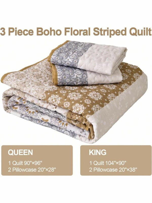 3 Piece Brown Boho Quilt Set Striped Paisley Soft Lightweight Bedding for All Season