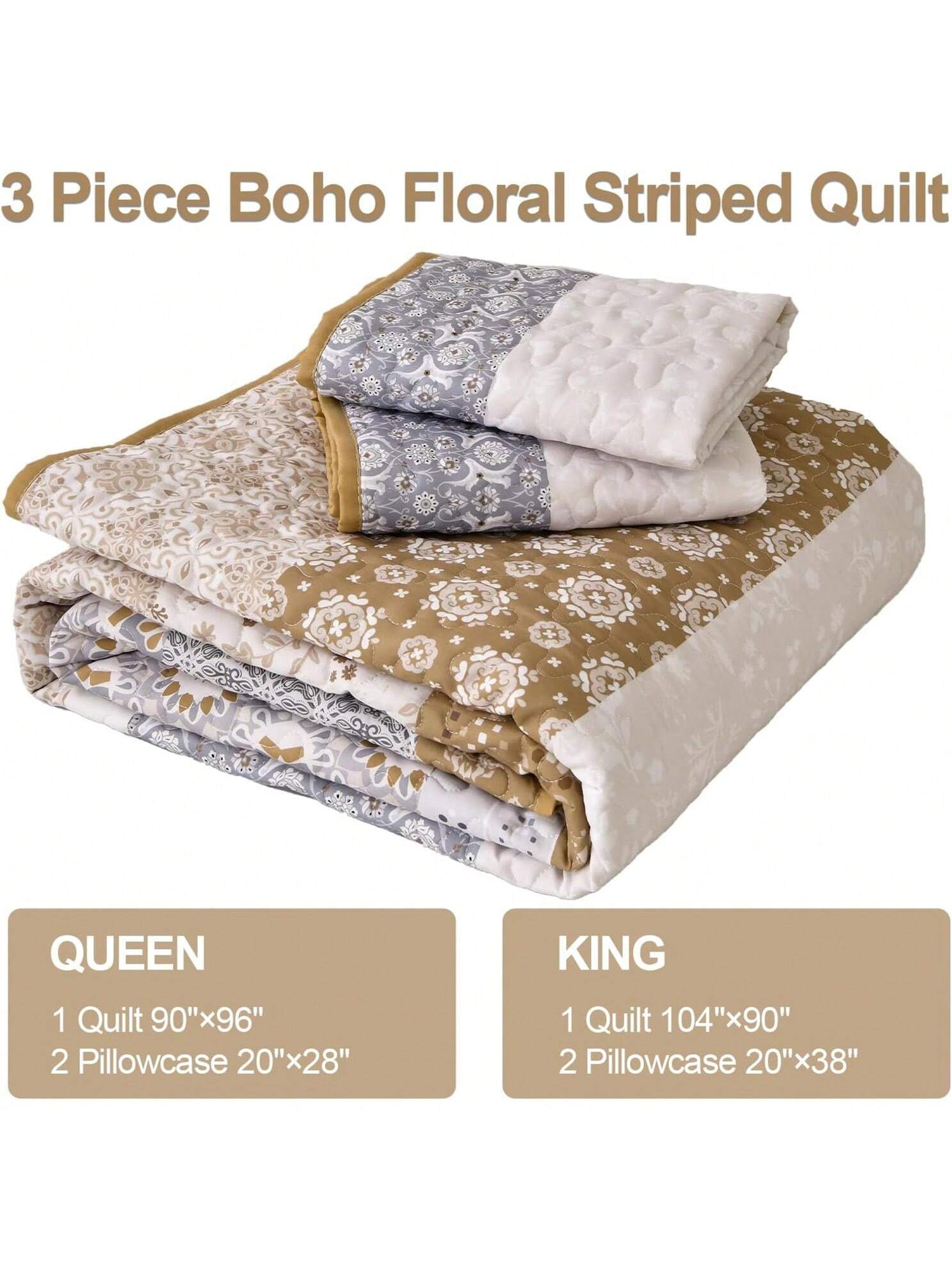 3 Piece Brown Boho Quilt Set Striped Paisley Soft Lightweight Bedding for All Season 3 Piece Brown Boho Quilt Set Striped Paisley Soft Lightweight Bedding for All Season
