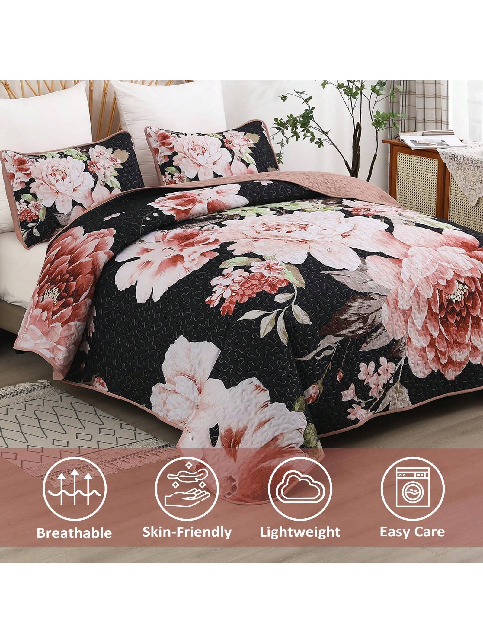 3 Piece Pink Floral Quilt Set Reversible Lightweight Bedding with Pillow Shams All Season 3 Piece Pink Floral Quilt Set Reversible Lightweight Bedding with Pillow Shams All Season