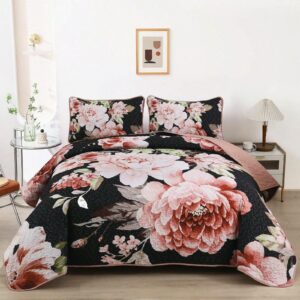 3 Piece Pink Floral Quilt Set Reversible Lightweight Bedding with Pillow Shams All Season