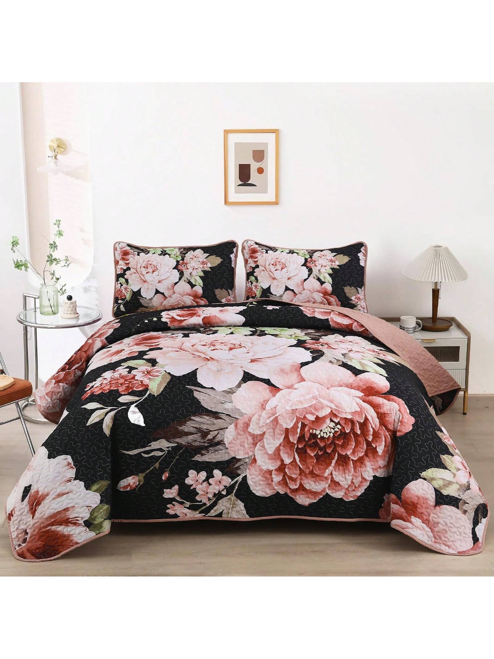 3 Piece Pink Floral Quilt Set Reversible Lightweight Bedding with Pillow Shams All Season 3 Piece Pink Floral Quilt Set Reversible Lightweight Bedding with Pillow Shams All Season