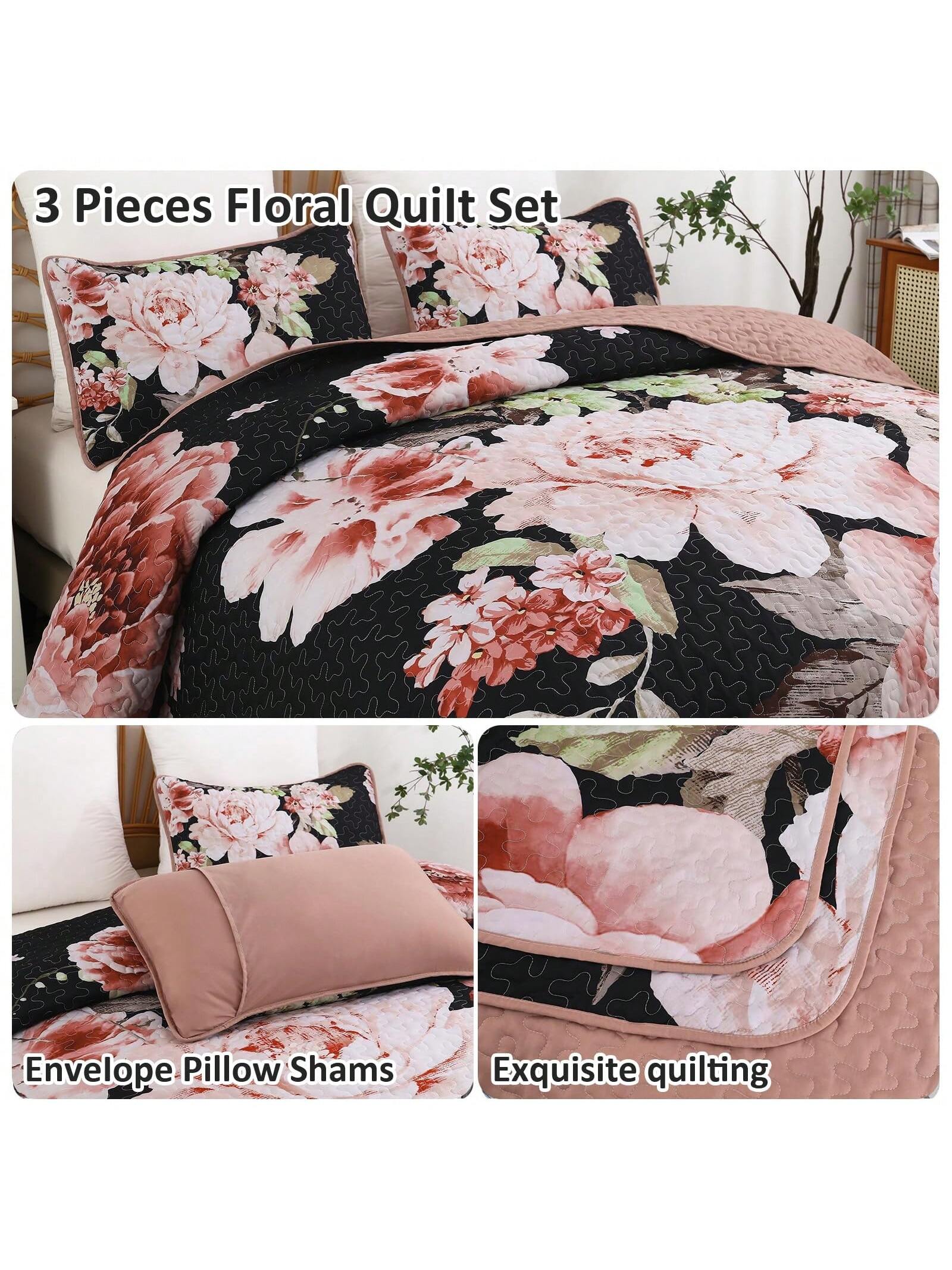 3 Piece Pink Floral Quilt Set Reversible Lightweight Bedding with Pillow Shams All Season 3 Piece Pink Floral Quilt Set Reversible Lightweight Bedding with Pillow Shams All Season