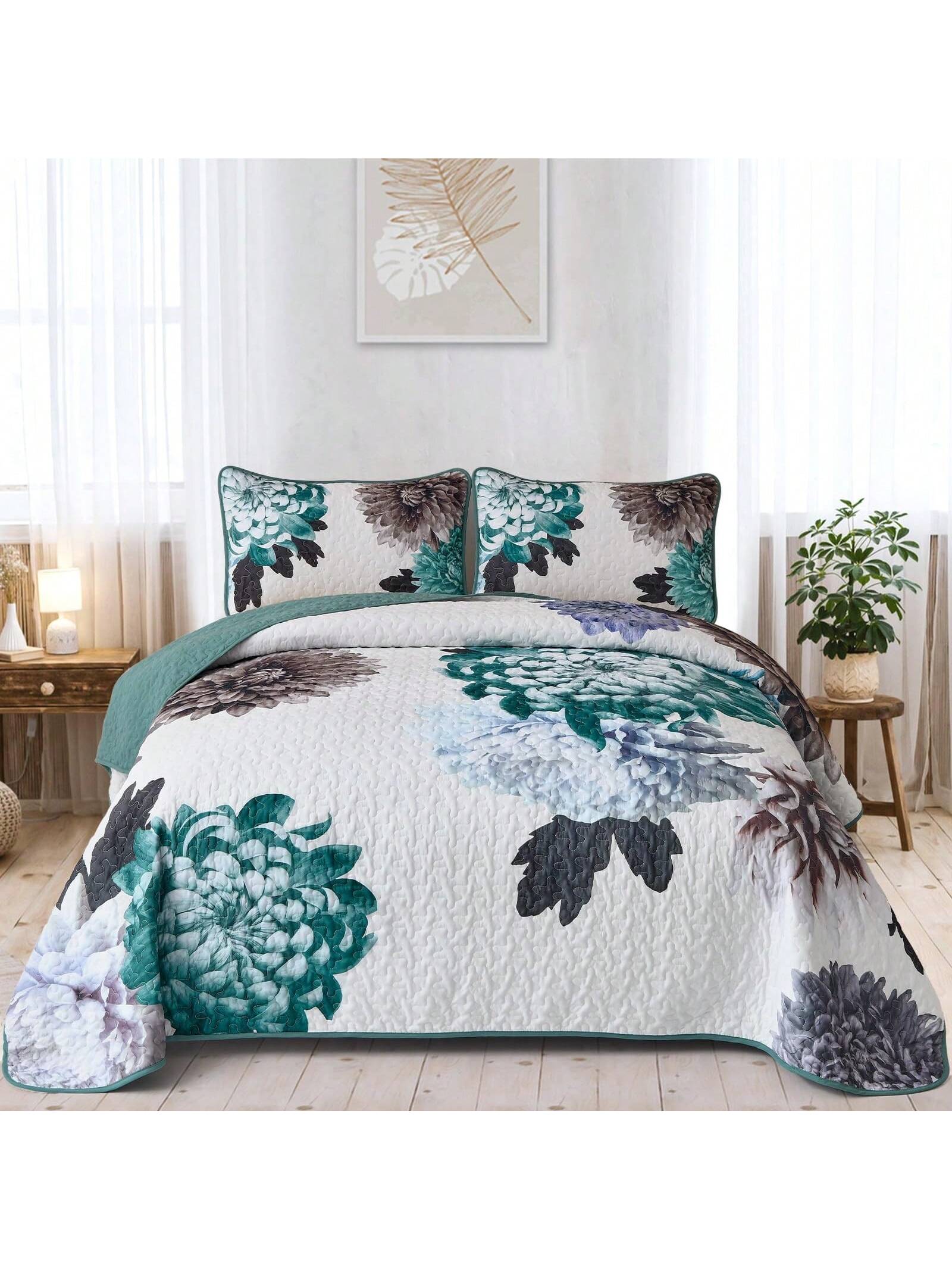 3 Piece Green Floral Quilt Set Boho Soft Lightweight Bedspread for All Season Use