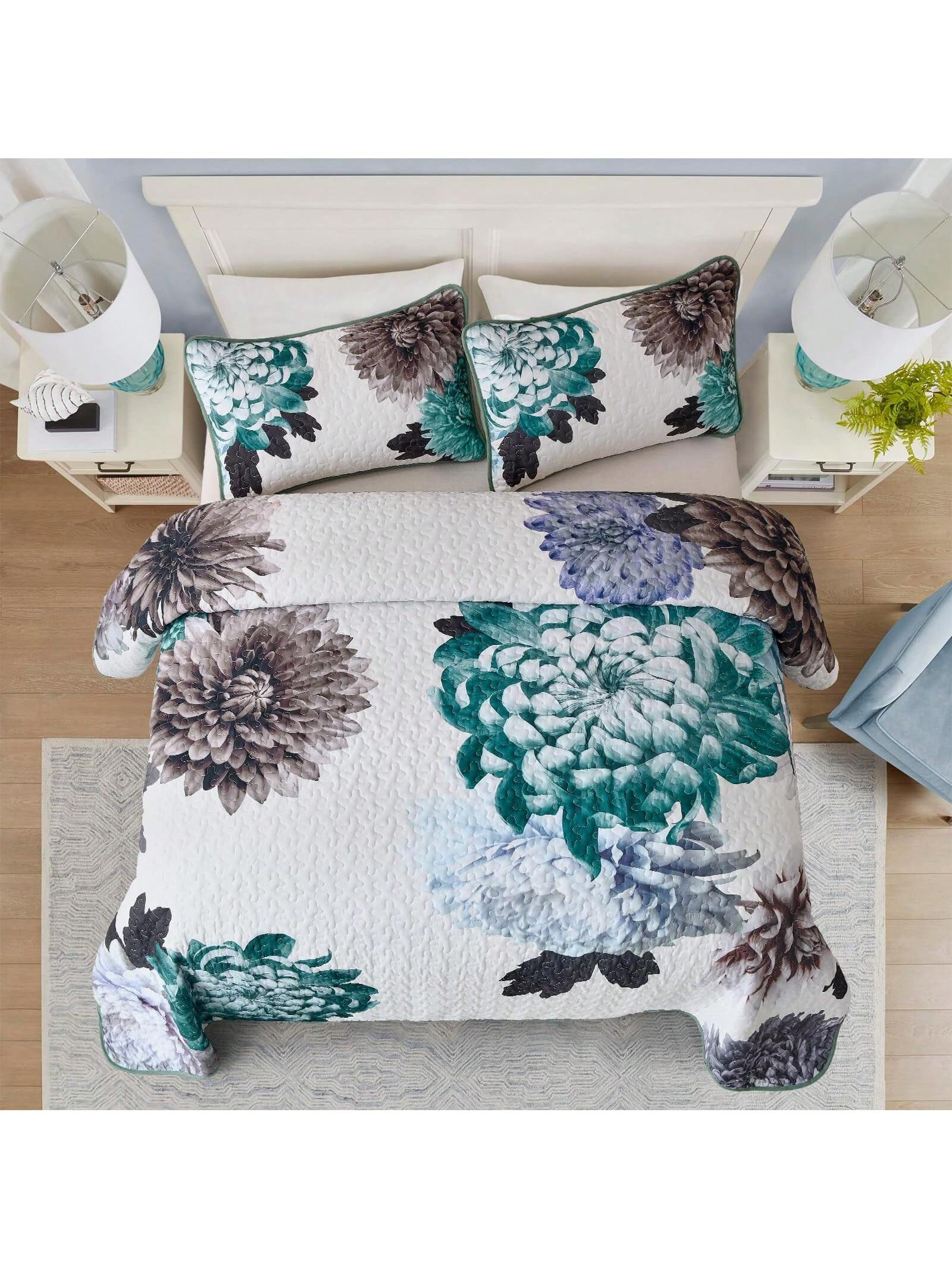 3 Piece Green Floral Quilt Set Boho Soft Lightweight Bedspread for All Season Use