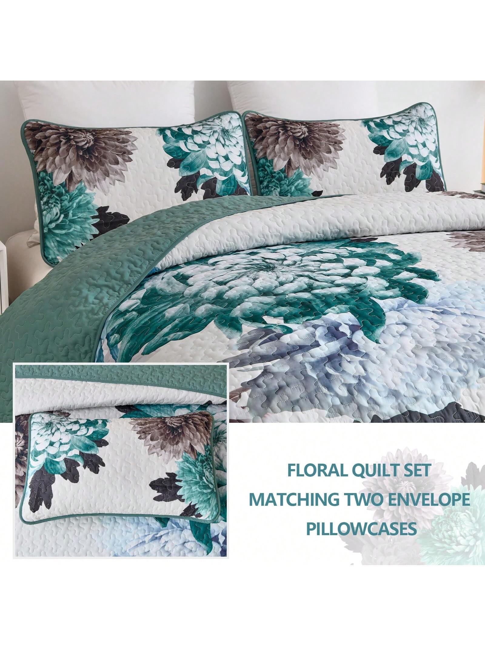 3 Piece Green Floral Quilt Set Boho Soft Lightweight Bedspread for All Season Use