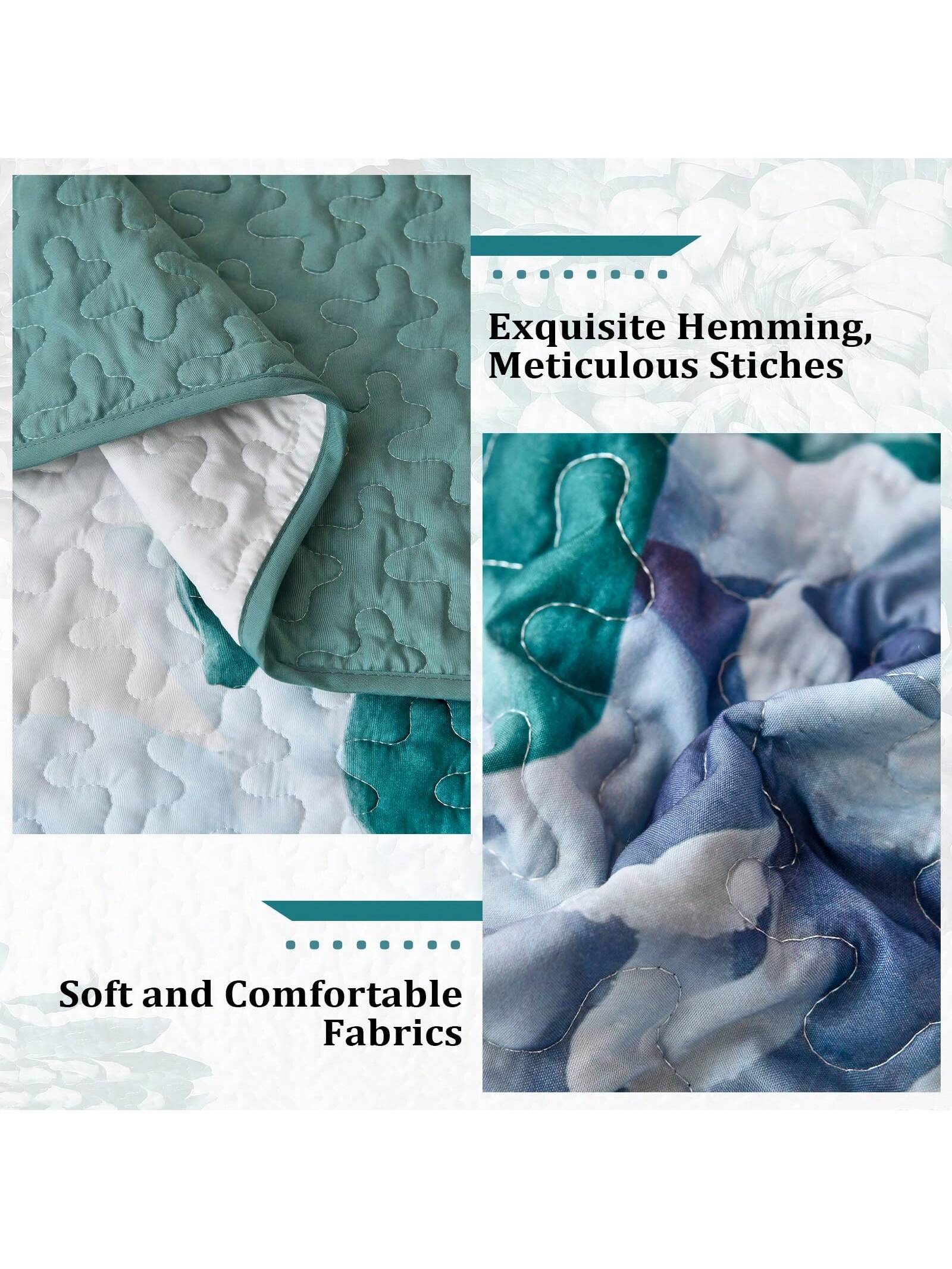 3 Piece Green Floral Quilt Set Boho Soft Lightweight Bedspread for All Season Use