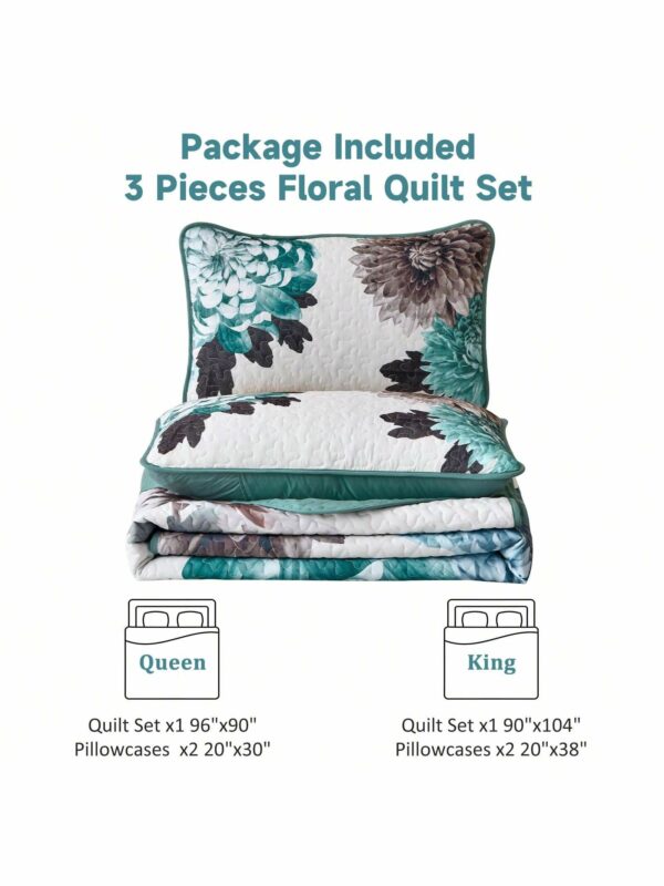 3 Piece Green Floral Quilt Set Boho Soft Lightweight Bedspread for All Season Use