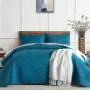 3 Pieces Teal Blue Diamond Quilt Set Queen King Size Embossed Design Bedspread Coverlet With Pillow Shams main 1