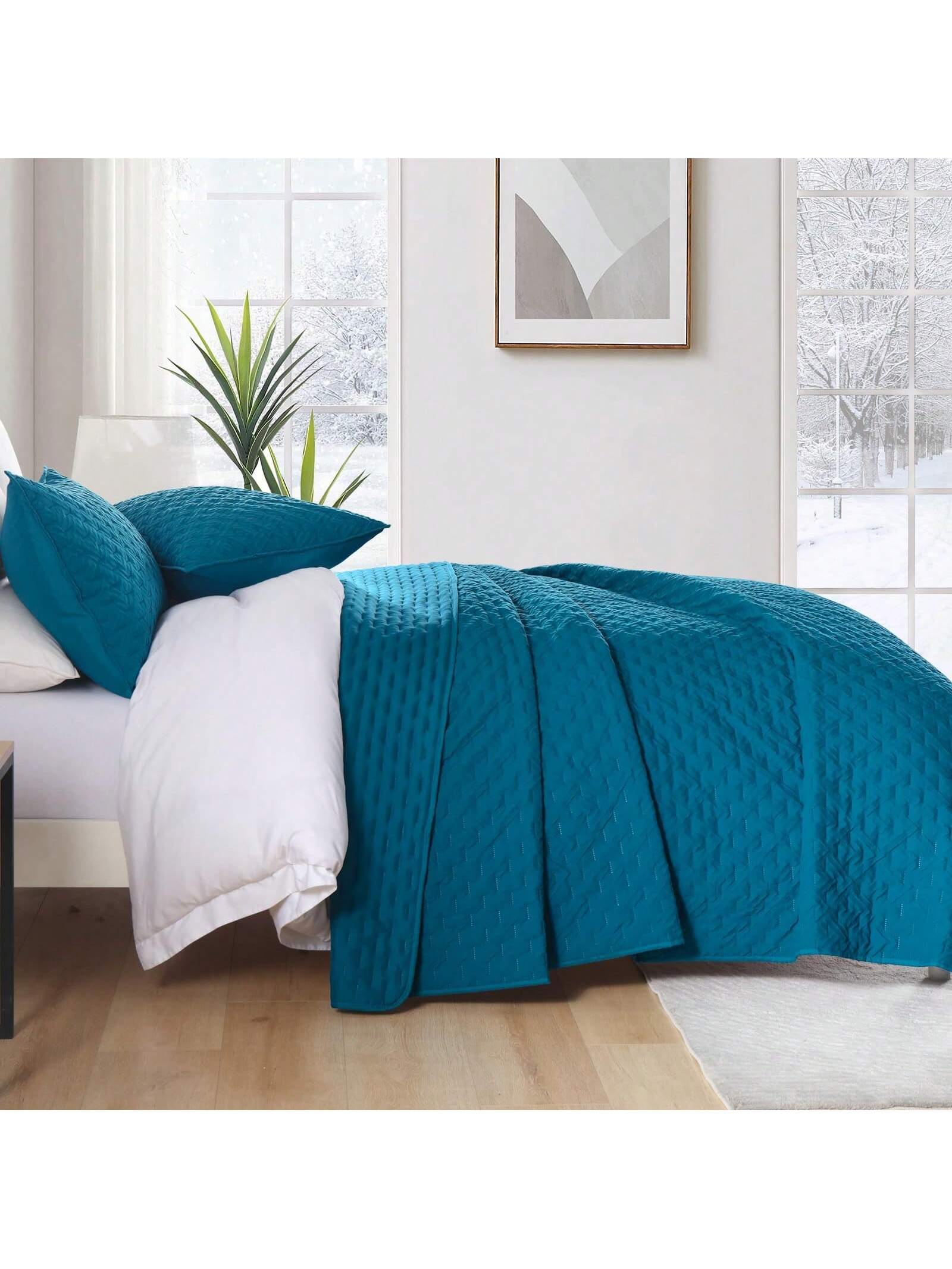 3 Pieces Teal Blue Quilt Set Embossed Design With Pillow 3 Pieces Teal Blue Quilt Set Embossed Design With Pillow