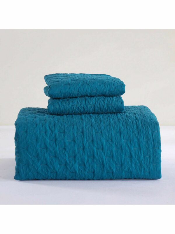 3 Pieces Teal Blue Quilt Set Embossed Design With Pillow
