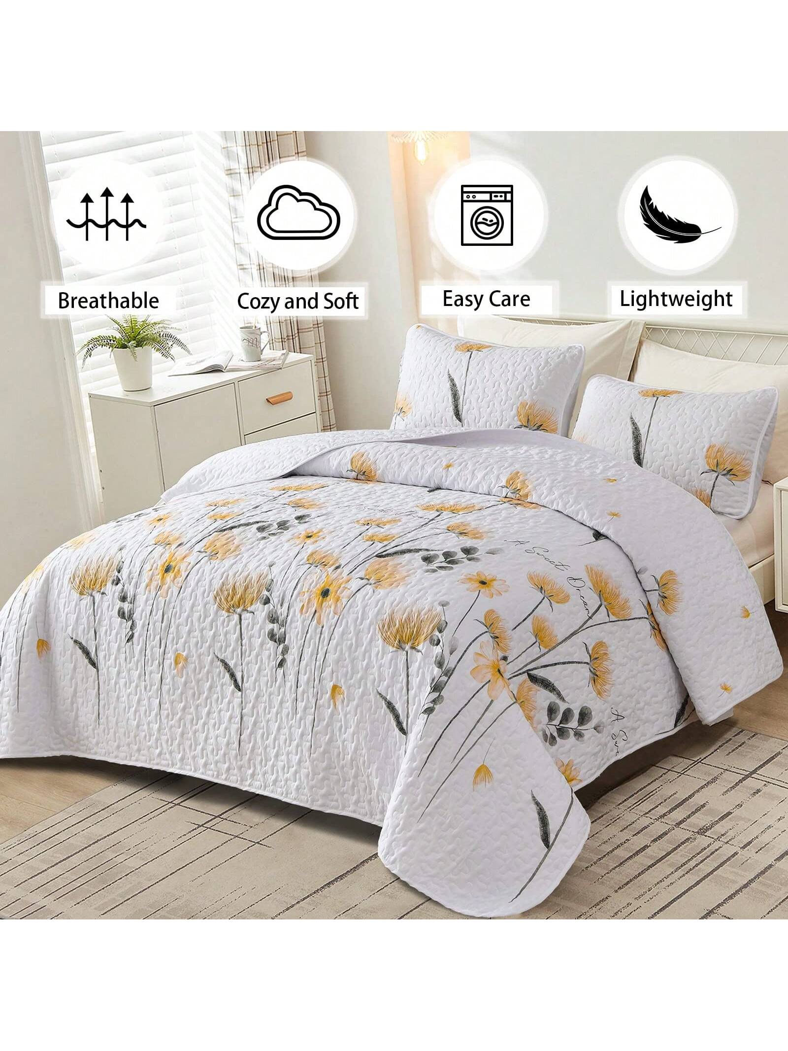3 Piece Boho Quilt Set Floral Patchwork Soft Microfiber Bedding for All Season Bed Use 3 Piece Boho Quilt Set Floral Patchwork Soft Microfiber Bedding for All Season Bed Use